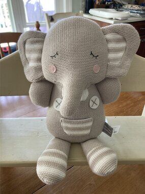 Theodore Elephant Knitted Plush Toy By Living Textiles - Soft Beige & White Stri